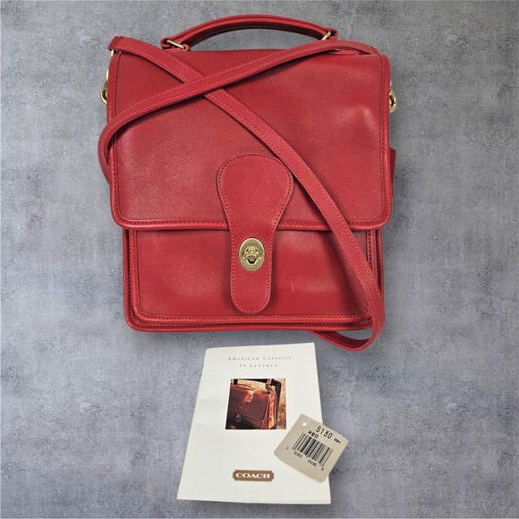 Vintage 90s Coach Station Top Handle Crossbody Bag Red Leather Brass‎ Turnlock - Picture 1 of 15